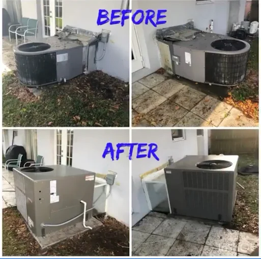 Before and after comparison of two AC condenser replacements beside a home