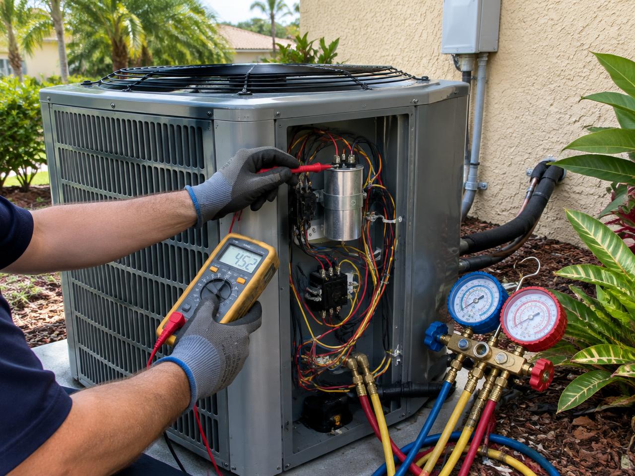 Illustrative air-source heat pump repair equipment and service setting in South Florida