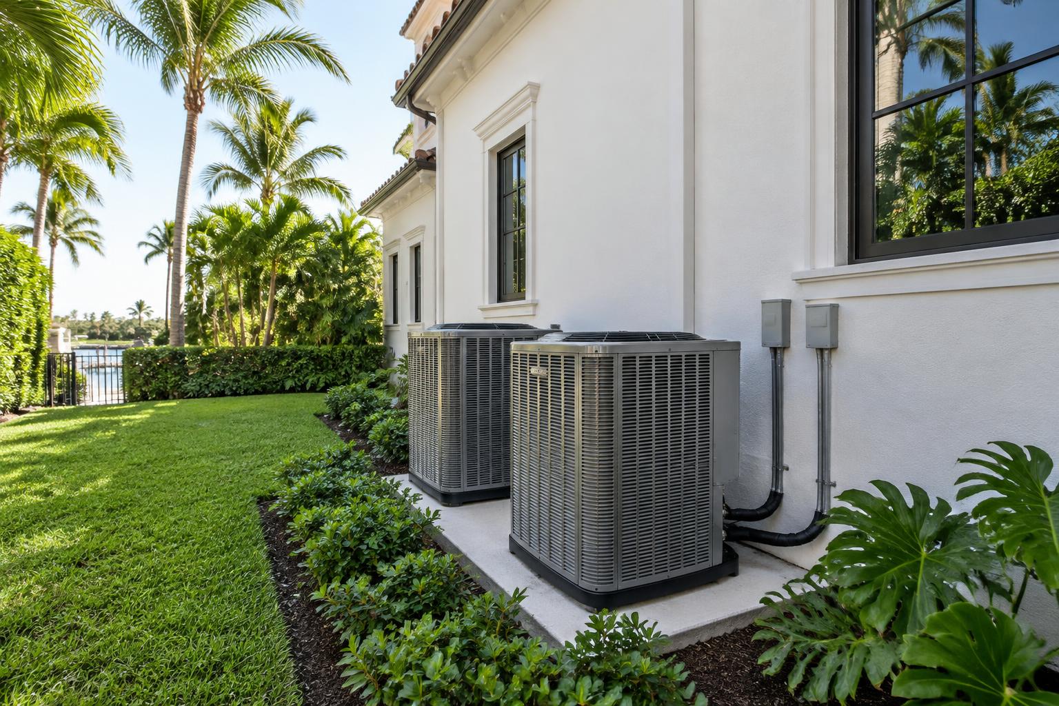 Illustrative premium air conditioning systems beside an upscale South Florida home