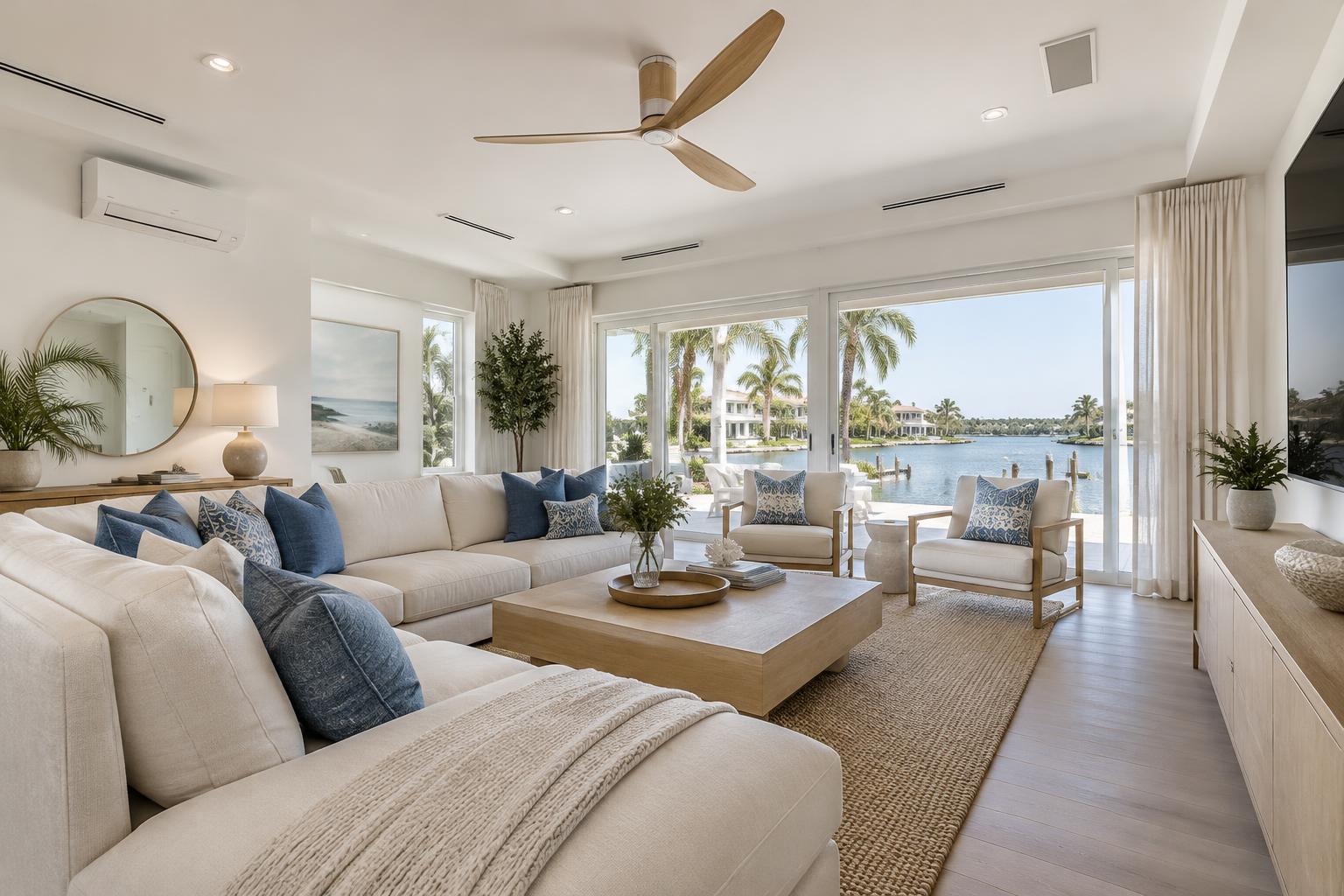Illustrative bright coastal living room with ductless and central air conditioning