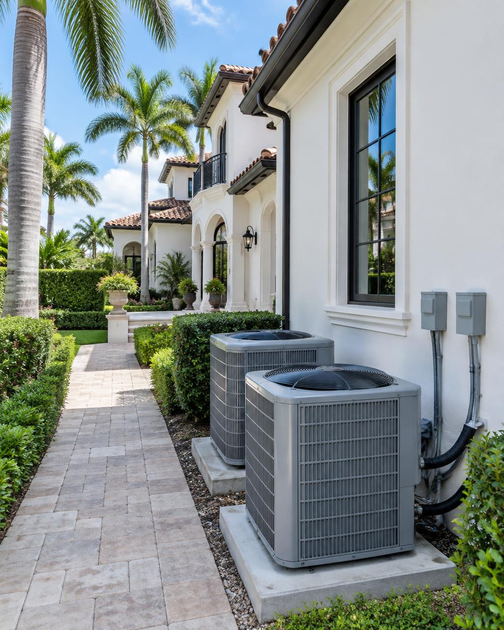 Illustrative outdoor AC units installed beside a South Florida home