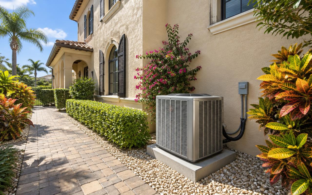 Illustrative central AC condenser beside a two-story Mediterranean-style South Florida home