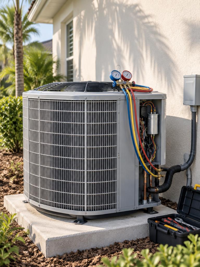 Residential AC condenser with manifold gauges and an open toolbox during a tune-up
