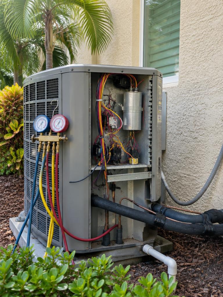 Residential AC condenser beside a Florida home