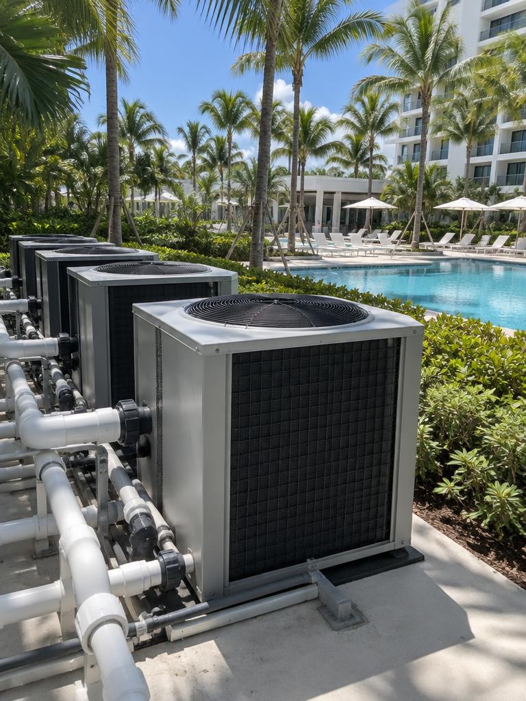 Commercial pool heat pumps beside a resort pool