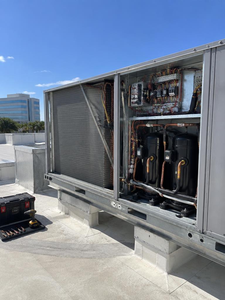 Commercial rooftop AC units on a business building