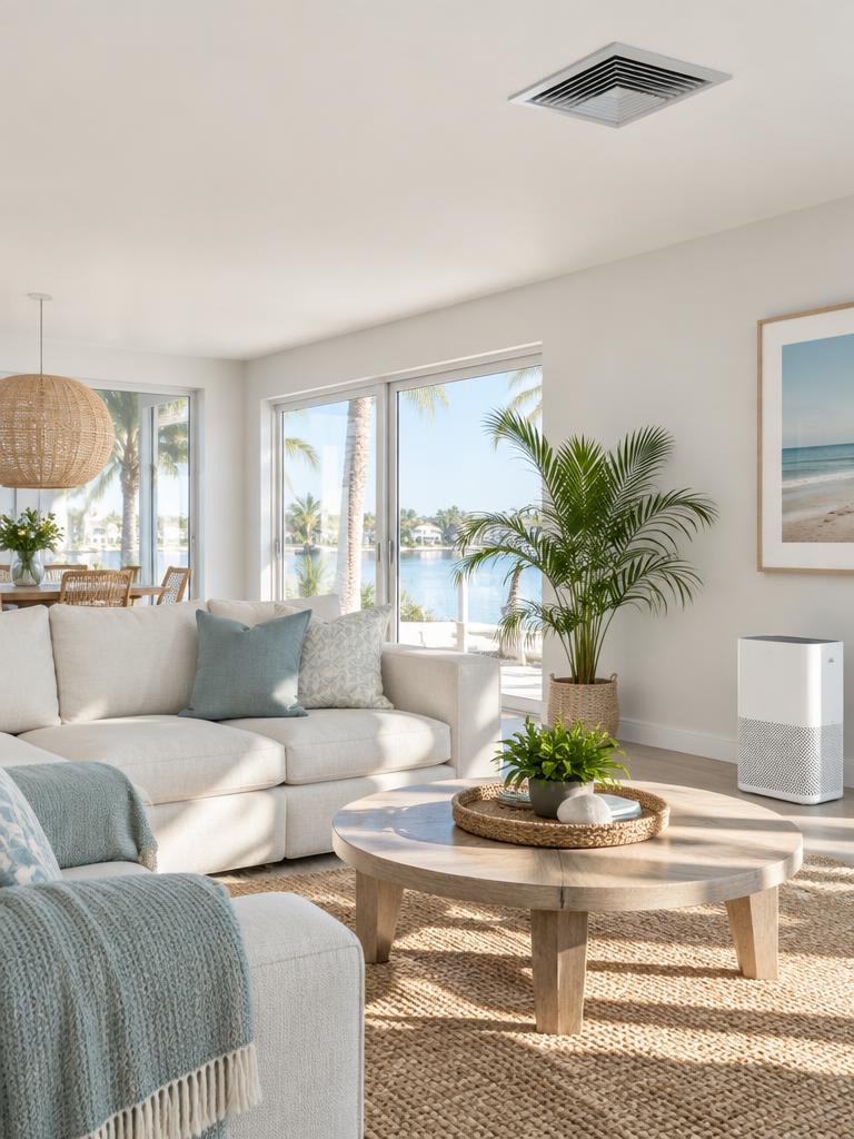 Bright coastal Florida living room with a ceiling air vent and air purifier